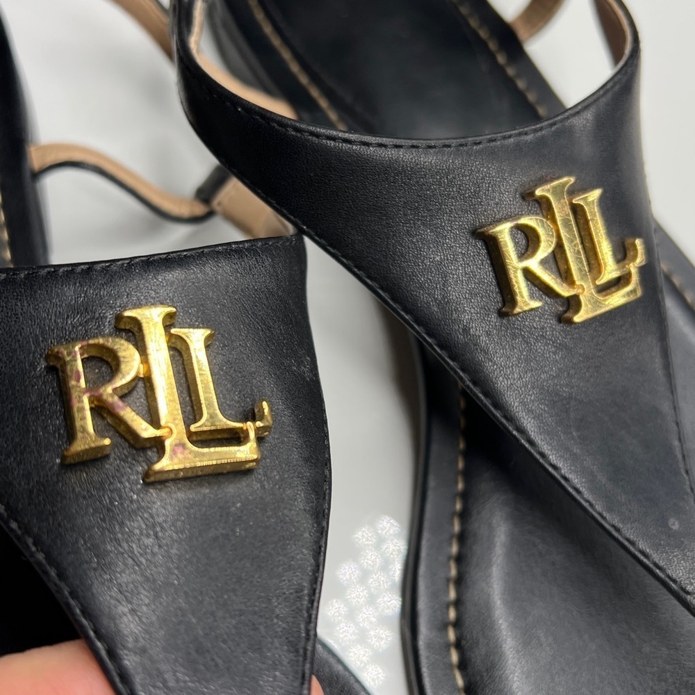 Lauren Ralph Lauren Sz 7 Ellington Black Leather Flat T Strap Sandals - Picture 6 of 8